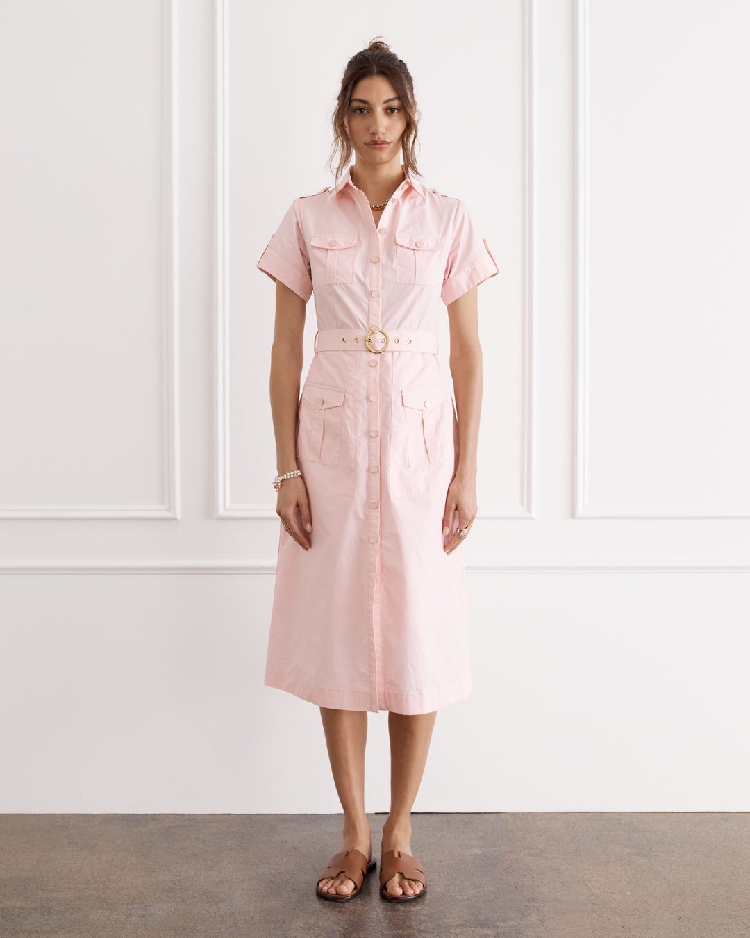 Pink midi dress with a collar and belt 