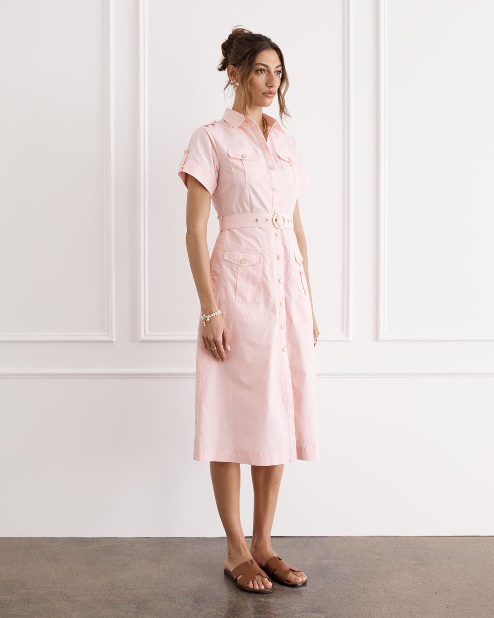 Pink midi dress with a collar and belt 