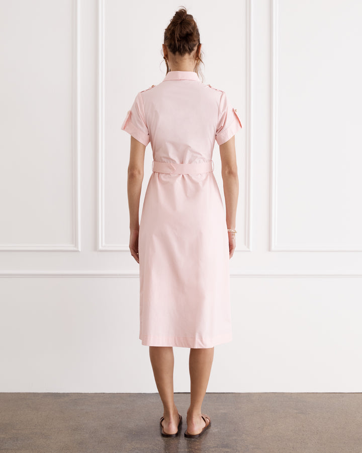 Pink midi dress with a collar and belt 